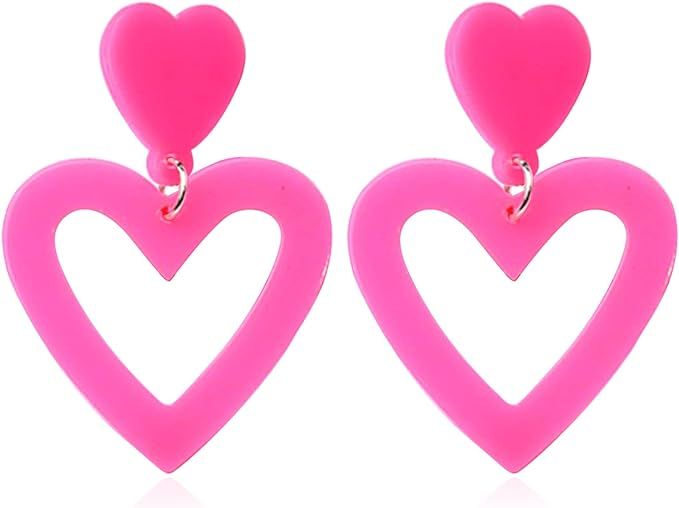 Heart Dangle Earrings for Women Double Heart Drop Earrings for Teen Girls Hot Pink Love Statement... | Amazon (US)