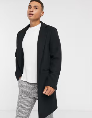 ASOS DESIGN wool mix overcoat with inverted lapel in black | ASOS (Global)