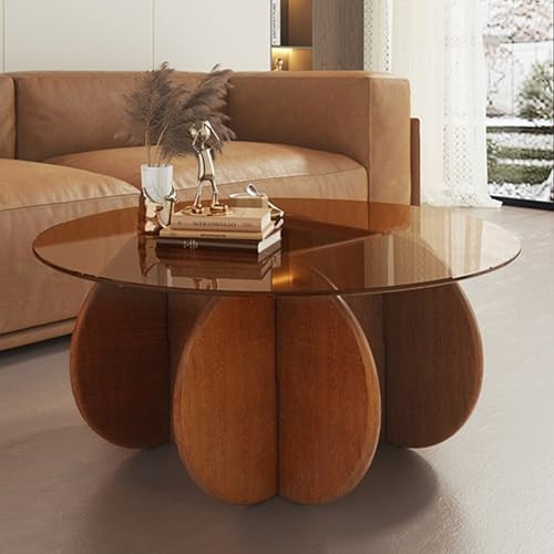 Modern Round Coffee Table with Solid Wood Legs, 31.5'' Glass Coffee Tables for Living Room Rustic Circle Center Cocktail Table with Tempered Glass-Top, Unique Accent Table for Small Spaces | Amazon (US)