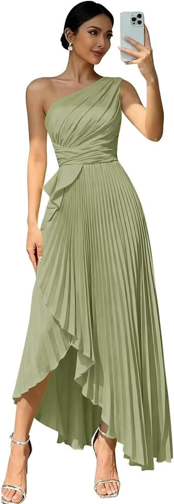 One Shoulder Bridesmaid Dresses with Slit Pleated Satin Hi-Lo Prom Dress Long Formal Evening Gown... | Amazon (US)