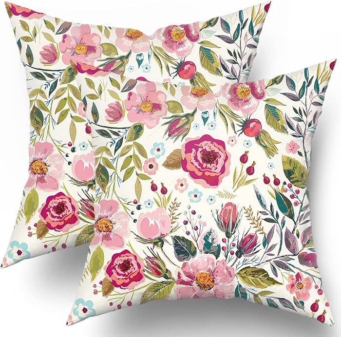 Spring Summer Flower Throw Pillow Covers 18X18 Inch Watercolor Peony Pillowcase Hot Pink Floral w... | Amazon (US)