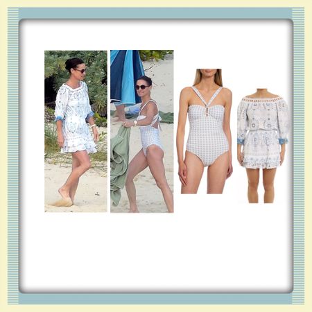 Pippa Middleton on vacation in St. Barts wearing by malina gingham swimsuit and temptation postiano Boston dress (past season linked similar) 