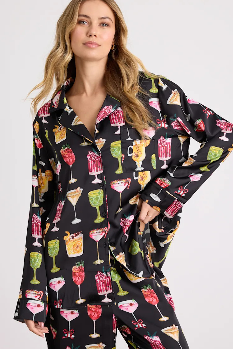 Classic Black Holiday Cocktail Satin Two-Piece Pajama Set | Lulus