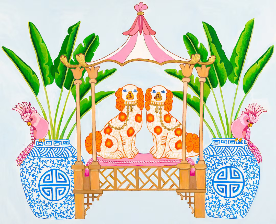 Art Print Staffordshire Dogs with Pagoda and Ginger Jars with Banana Palm | Etsy (US)