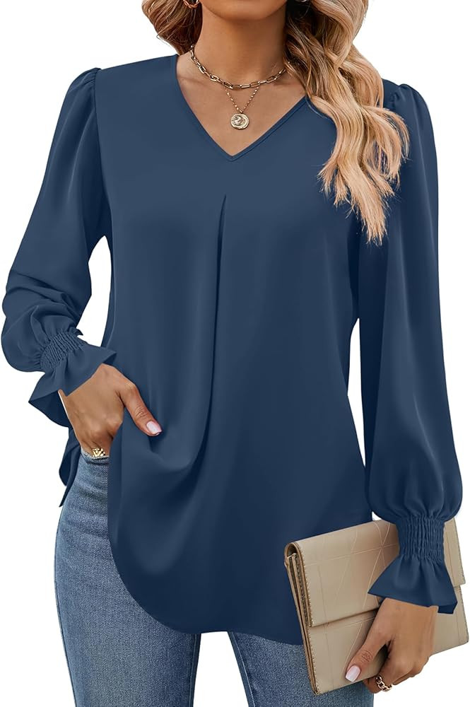 Funlingo Women's 2024 Long Sleeve Tops Dressy Casual V Neck Tunic Shirts Loose Chiffon Work Blous... | Amazon (US)