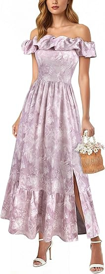 VFSHOW Womens Summer Off the Shoulder Wedding Guest Dress 2026 Ruffle Pocket Sleeveless Formal A ... | Amazon (US)