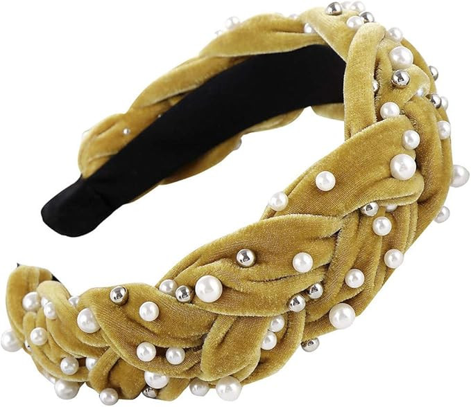 XVSSAA Ladies Pure Color Gold Velvet Beaded Hair Head Hoop Sweet Wide-Width Rough Tweezers Beadin... | Amazon (US)