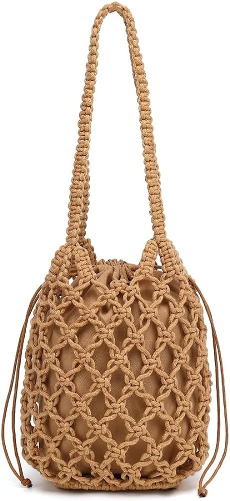 Woven Bucket Handbag for Women, Summer Beach Tote Bag Drawstring Shoulder Bag, Cute Handmade Buck... | Amazon (US)
