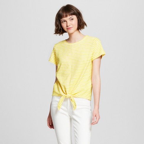 Women's Striped Tie-Front Short Sleeve T-Shirt - A New Day™ Yellow | Target