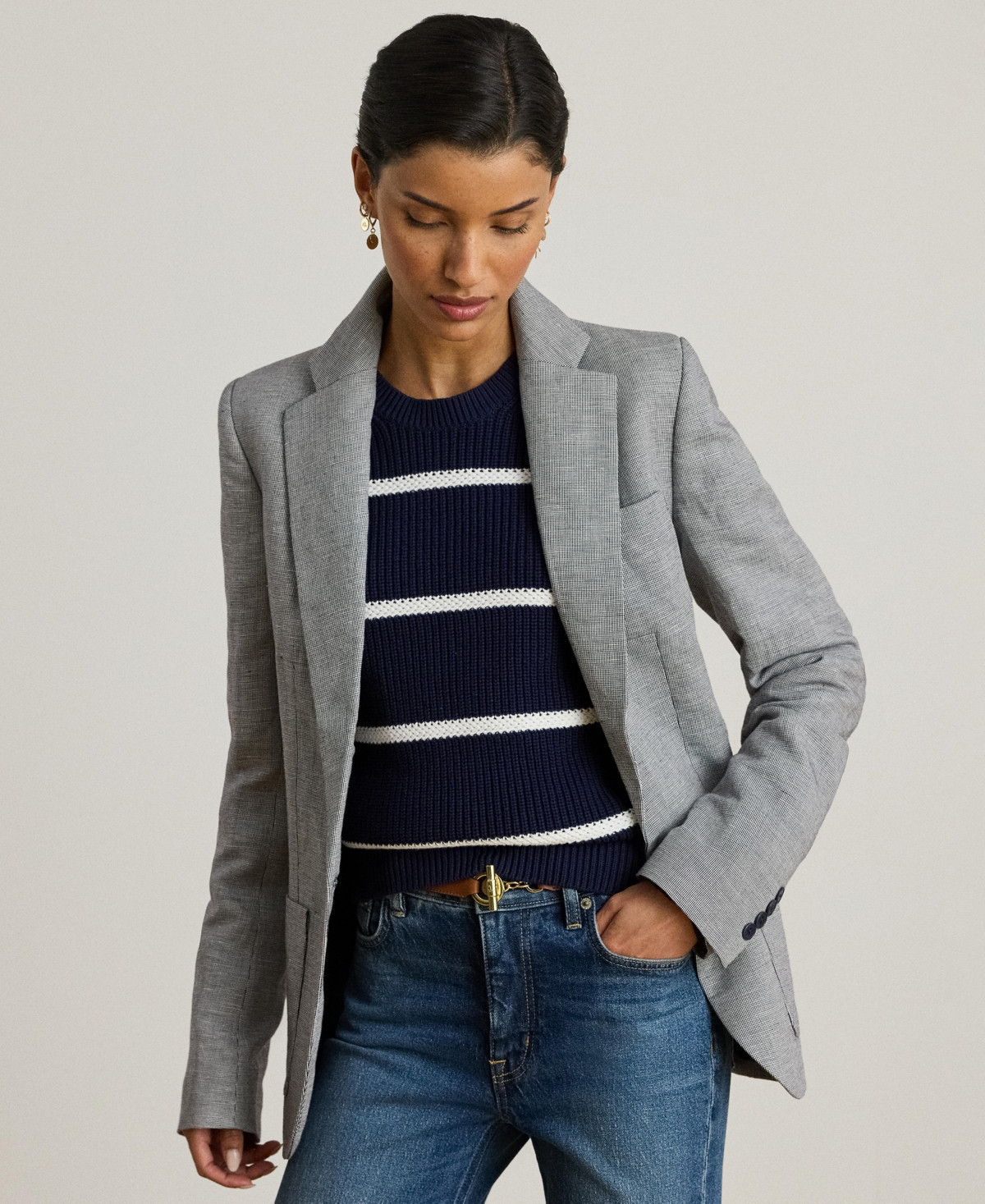 Lauren Ralph Lauren Women's Basket-Weave Blazer - Navy/Gray | Macy's