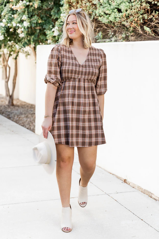 Just A Thought Brown Plaid Smocked Bust Mini Dress | Pink Lily
