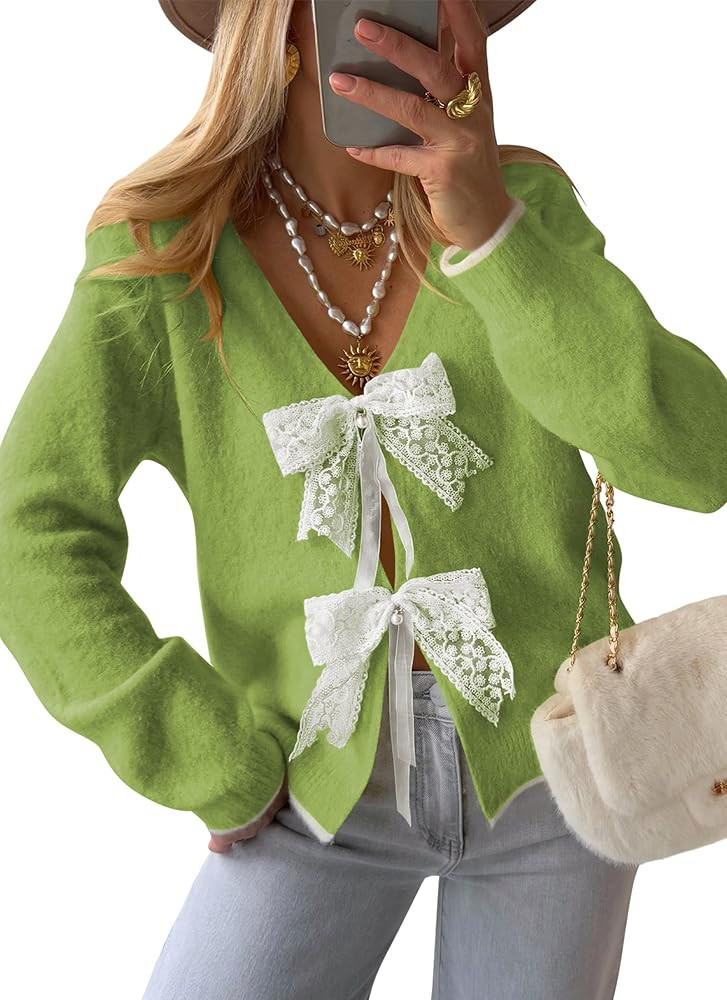 Cakulo Womens Bow Sweater Tie Front V Neck Cardigan Sweaters Lightweight Knit Fall Cardigans Crop... | Amazon (US)