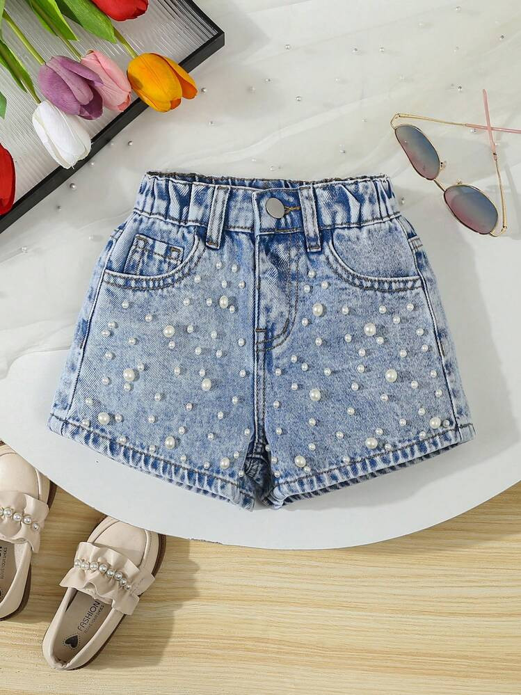 SHEIN Explorewe Young Girl' Fashionable Riveted Denim Shorts, Versatile & Snug Fit | SHEIN