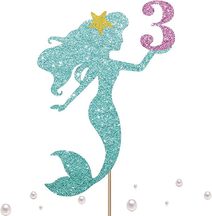 Mermaid 3 Cake Topper, Happy 3rd Birthday Cake Decor for Baby Girl, Little Mermaid Birthday Party... | Amazon (US)