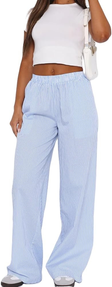 Women Striped Lounge Pants Wide Leg Drawstring Pajama Pants Comfy Casual Loose Fit Going Out Pant... | Amazon (US)