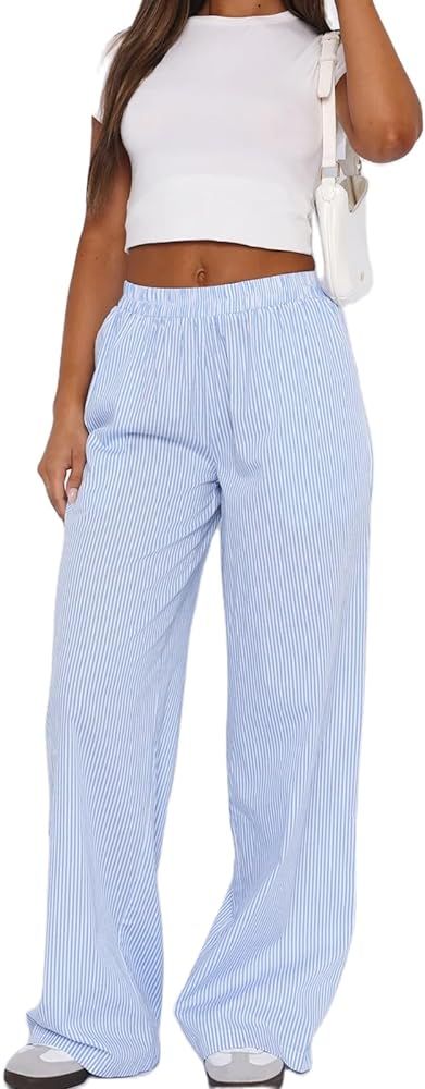 Women Striped Lounge Pants Wide Leg Drawstring Pajama Pants Comfy Casual Loose Fit Going Out Pant... | Amazon (US)