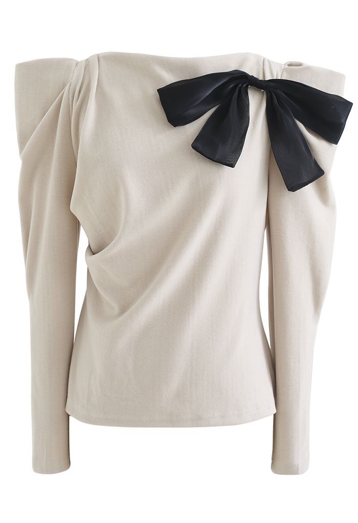 Mesh Bowknot Bubble Sleeve Top in Sand | Chicwish