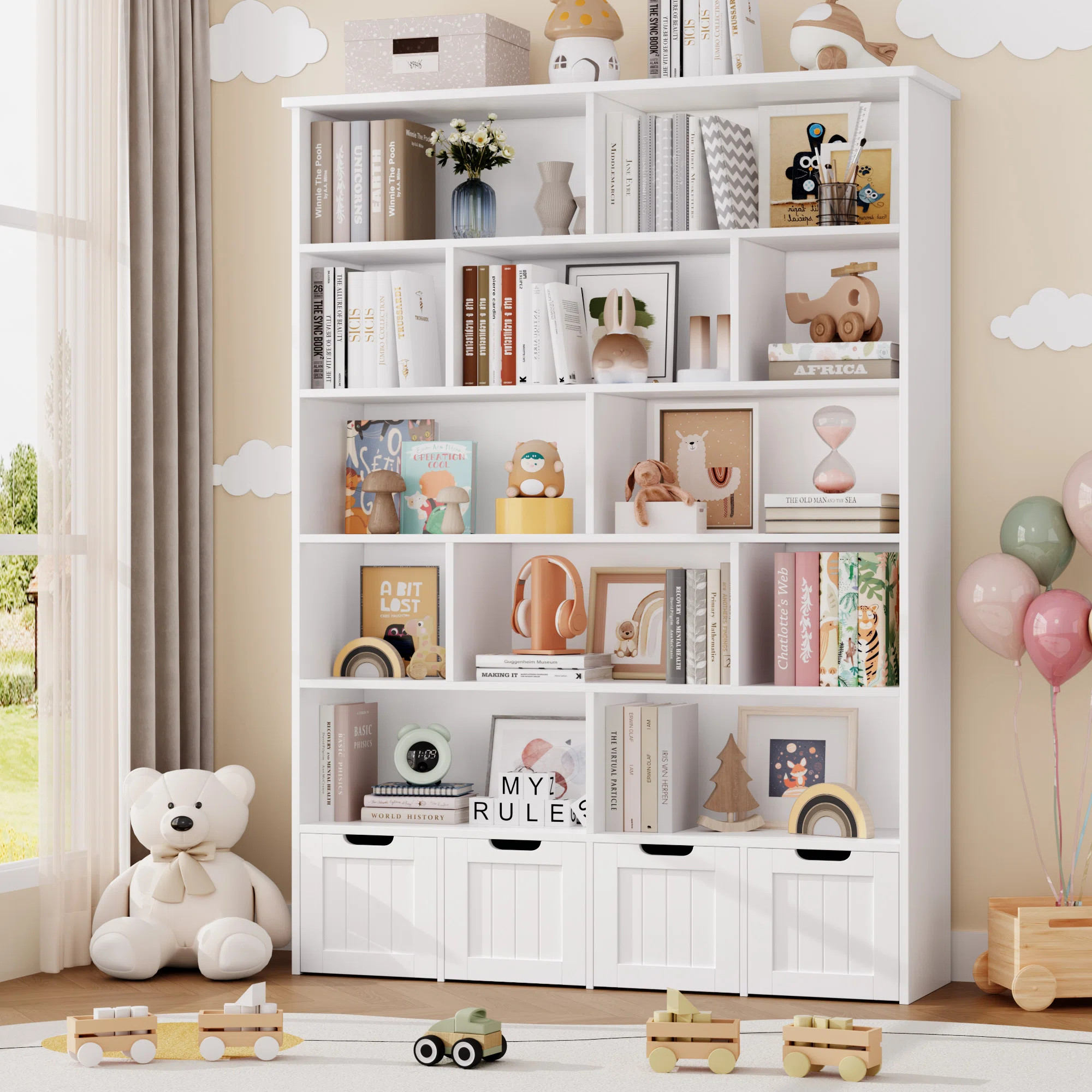 Harriet Bee 🧸 Kirklyn 6-Tier Kids Bookshelf & Toy Organizer | 4 Movable Drawers + 12 Cubbies |... | Wayfair North America
