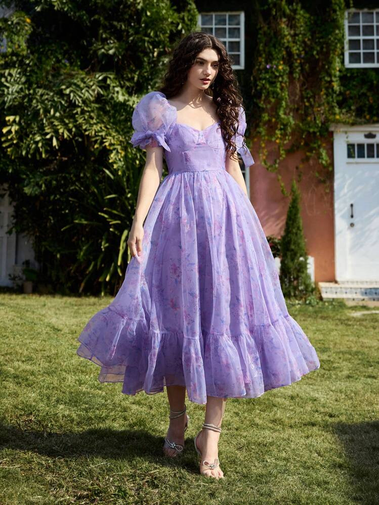 Lavender organza Puff Sleeve Dress | SHEIN