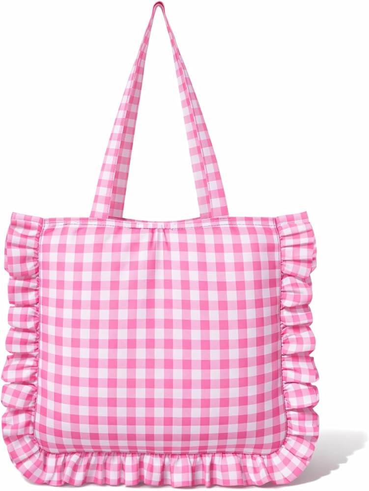 Sadnyy Pink Ruffle Tote Bag Large Gingham Shoulder Bag Travel Tote Handbag for Women Cloth Handba... | Amazon (US)