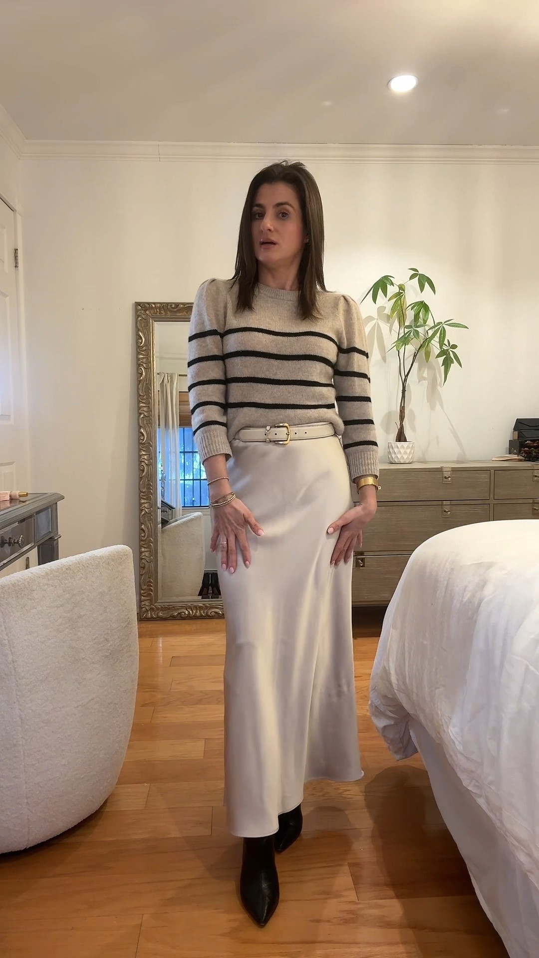 Stripe sweater and maxi skirt to speak at a Fordham law 