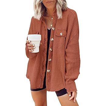 Yanekop Womens Waffle Knit Shacket Boyfriend Shirt Jacket Button Down Blouse Loose Fit Long Sleev... | Amazon (US)