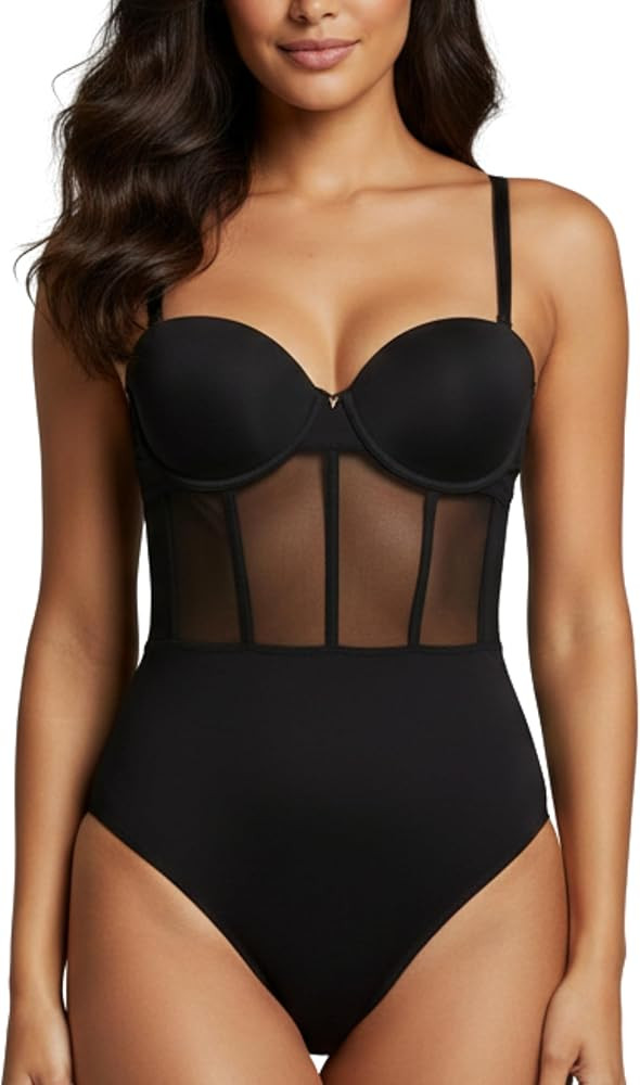 MONICA & ME Women's Mesh Panel Bodysuit, Black, Underwire Cups, Seamless Design | Amazon (US)