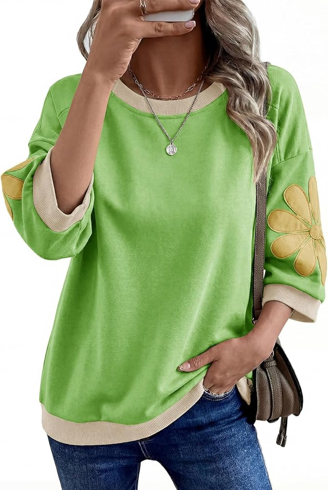 Dokotoo Women's Oversized 3/4 Sleeve Sweatshirt Floral Patch Crewneck Pullover Casual Tops | Amazon (US)