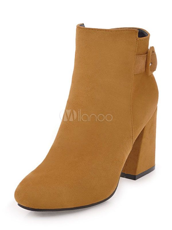 Women Ankle Boots High Heel Booties Light Brown Round Toe Suede Booties | Milanoo