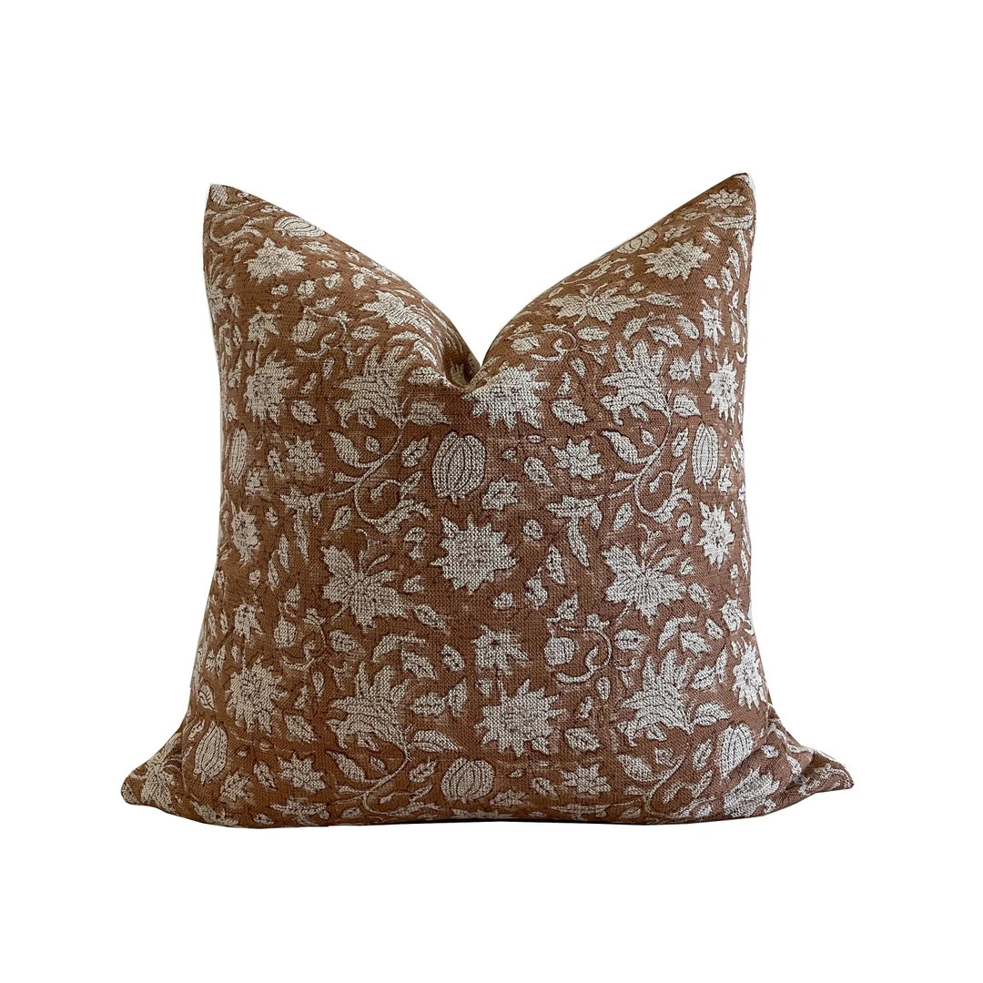 Linen Block Print Pillow Cover, Warm Brown Hand Block Print on Textured Linen Pillow, Floral Pill... | Etsy (US)