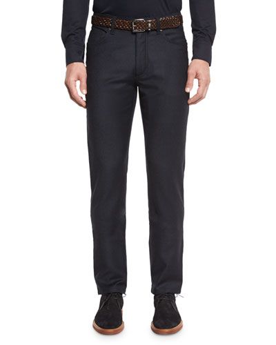 Five-Pocket Stretch-Wool Pants, Navy | Neiman Marcus