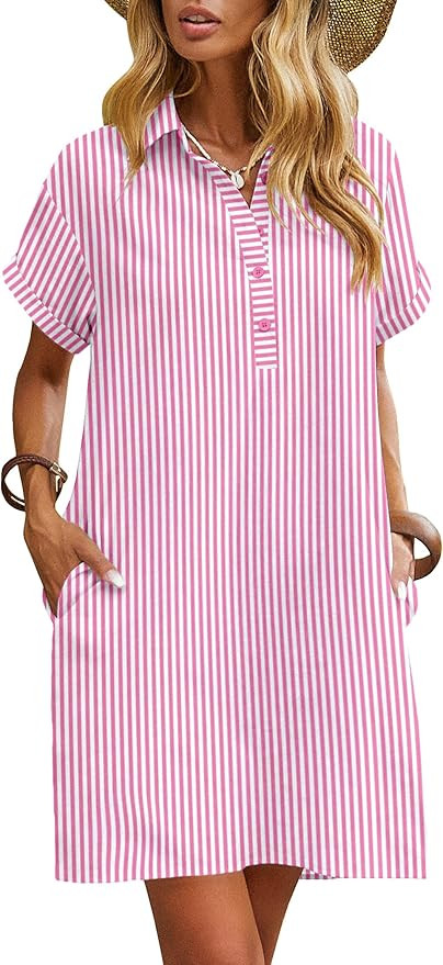 Zeagoo Womens Cotton Shirt Dress Summer Casual Short Sleeve Button Down Beach Cover Up Shirts wit... | Amazon (US)