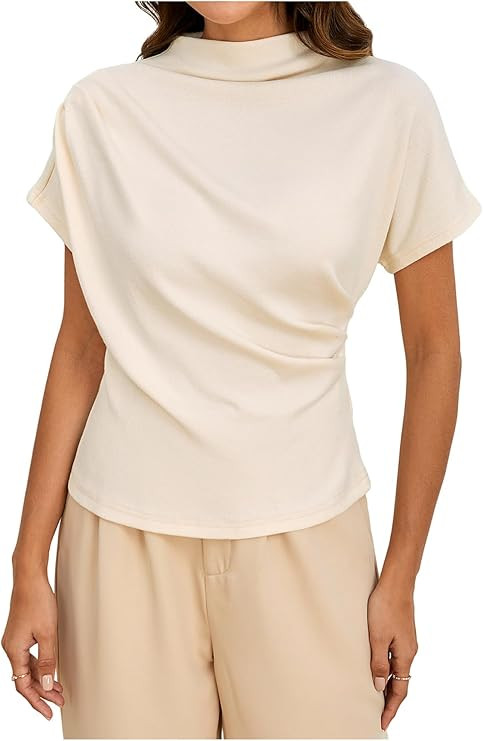 SweatyRocks Women's Casual Short Sleeve Mock Neck Tee Top Asymmetric Ruched Plain T Shirt | Amazon (US)