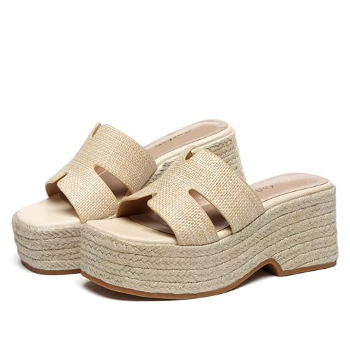Gorfen Women's Wedge Platform Espadrille Sandals Slip-On Beach Sandals with Open Toe and Trendy Summer Style, Raffia Size 9 | Amazon (US)
