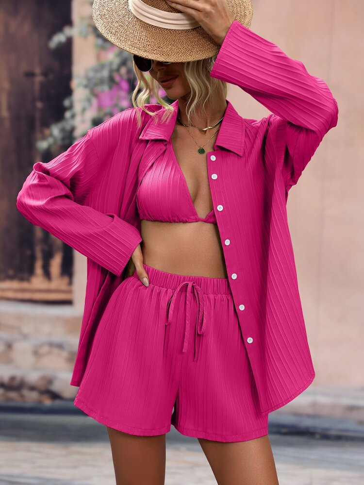 Drop Shoulder Shirt & Crop Halter Top & Shorts | SHEIN