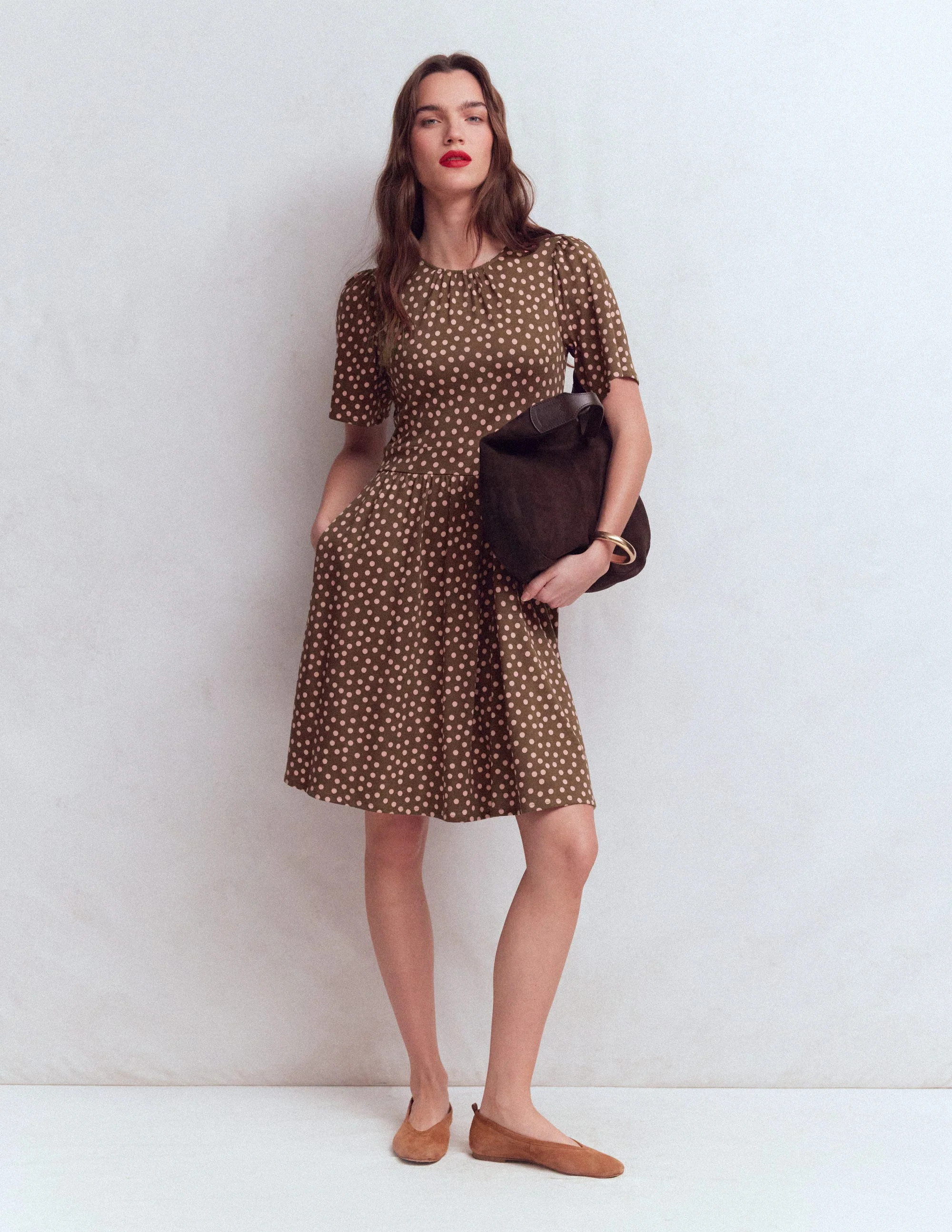 Louisa Short Jersey Dress-Raw Umber, Painted Dot | Boden (US)