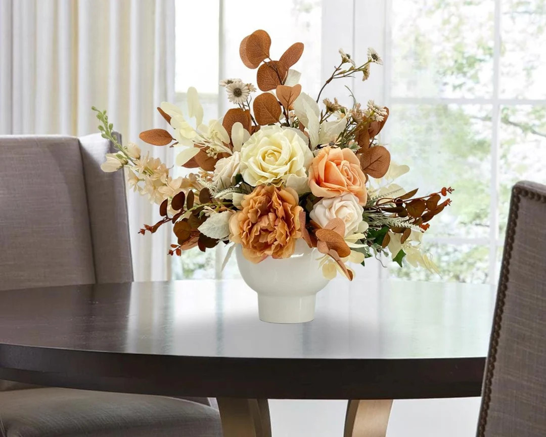 Neutral Faux Floral Arrangement: Silk Peony & Rose Centerpiece in White Vase - Etsy | Etsy (US)