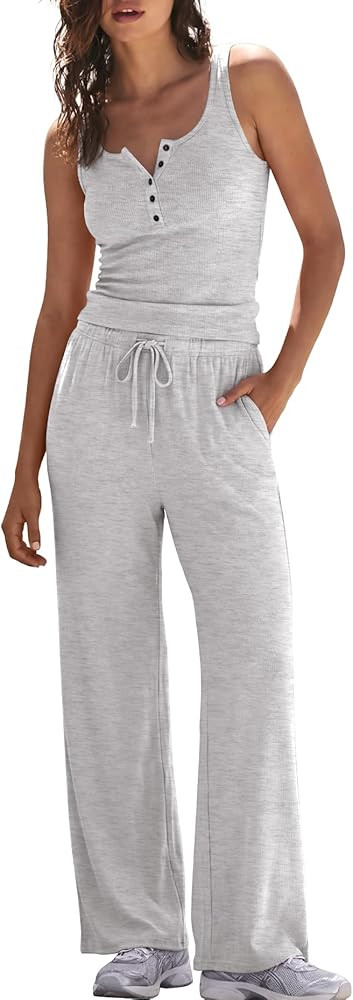 Darong Women's 2 Piece Matching Lounge Sets Summer Henley Neck Slightly Crop Tank Top Wide Leg Pa... | Amazon (US)
