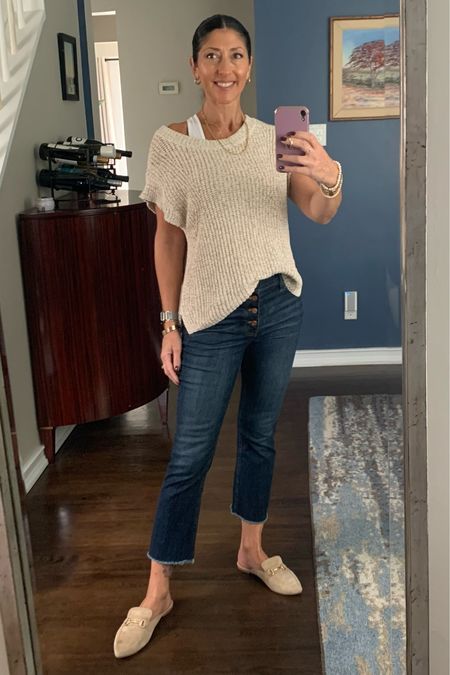 Casual look of the day. Short sleeve sweater, size small. Lots of options linked fro Amazon. J. Crew cropped flare jeans, size 4/27. Steve Madden suede mules with gold detail. 

#LTKover40 #LTKstyletip #LTKSeasonal