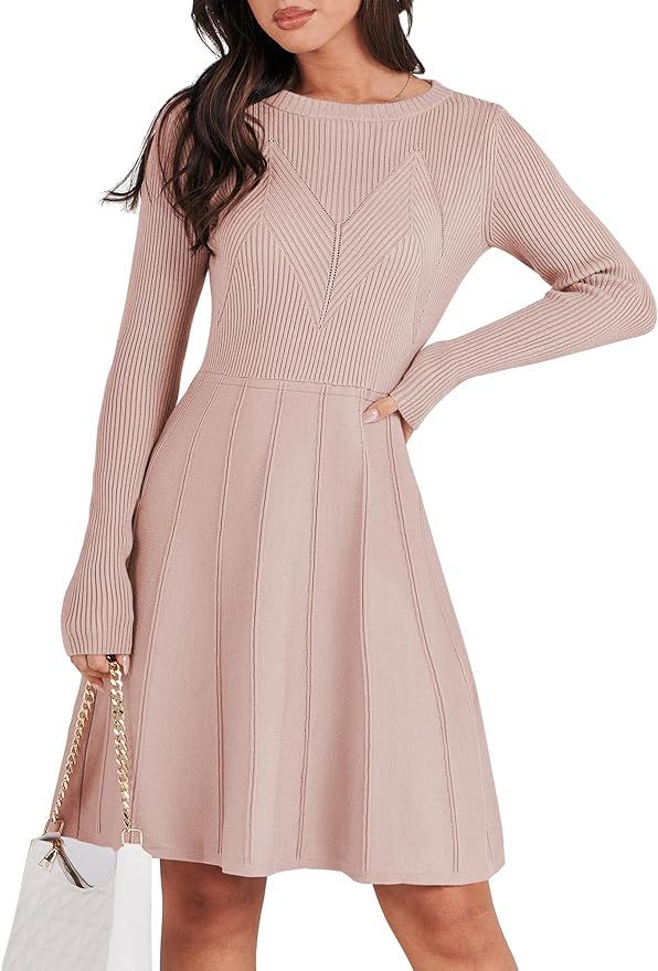 ANRABESS Women Midi Sweater Dress Long Sleeve Crewneck High Waist Casual A-Line Pleated Dresses | Amazon (US)