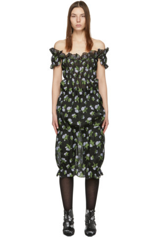 Black Floral Ruched Dress | SSENSE