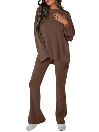 Tankaneo Womens Sets 2 Piece Outfits Long Sleeve Shirts and Flare Pants Travel Airport Matching Lounge Sets Brown | Amazon (US)