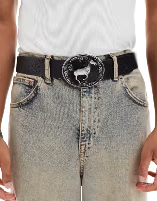 ASOS DESIGN western cowboy plate buckle belt in pebble black faux leather | ASOS (Global)