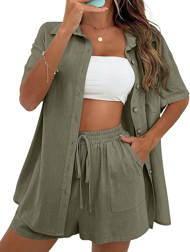 APAFES Women Summer Cotton Linen Short Sets 2 Piece Shorts Top Lounge Beach Vacation Two Piece Ou... | Amazon (US)