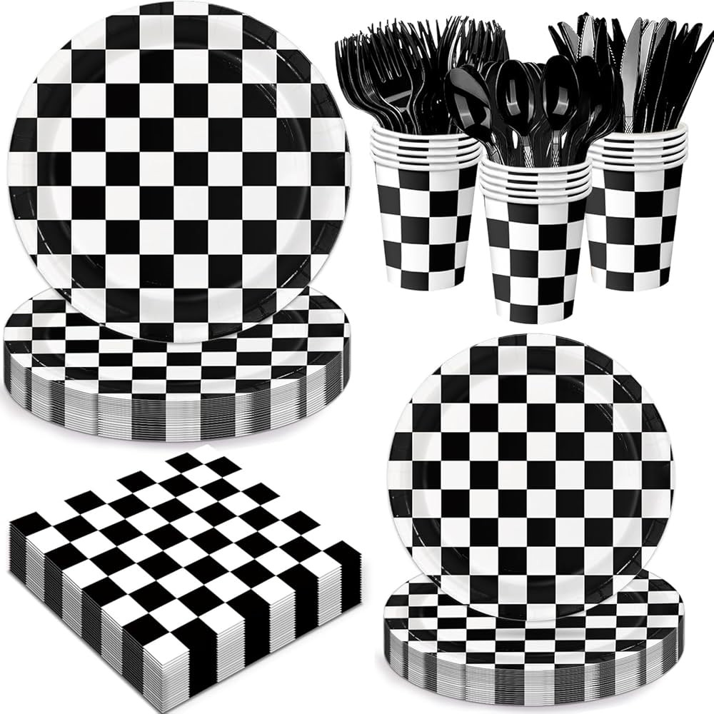 Oigco 168 PCS Race Car Birthday Party Decorations with Checkered Flag Plates, Cups, Napkins, Cutlery for Cars Birthday Decorations, Serves 24 | Amazon (US)