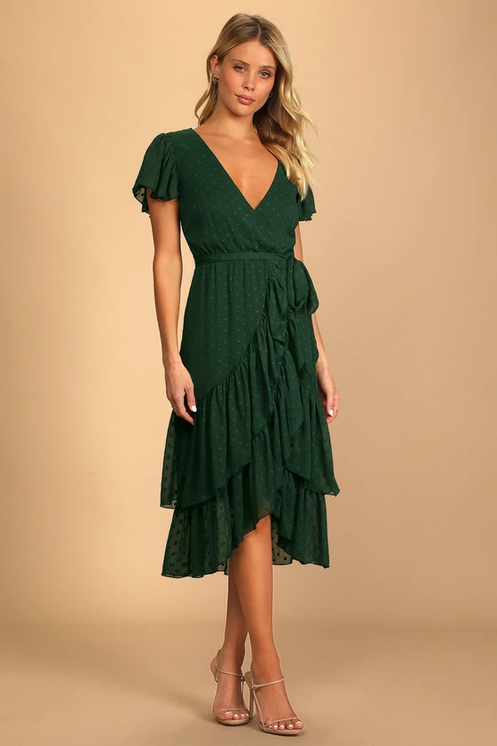 Have Harmony Dark Green Swiss Dot Ruffled Faux Wrap Midi Dress | Lulus (US)