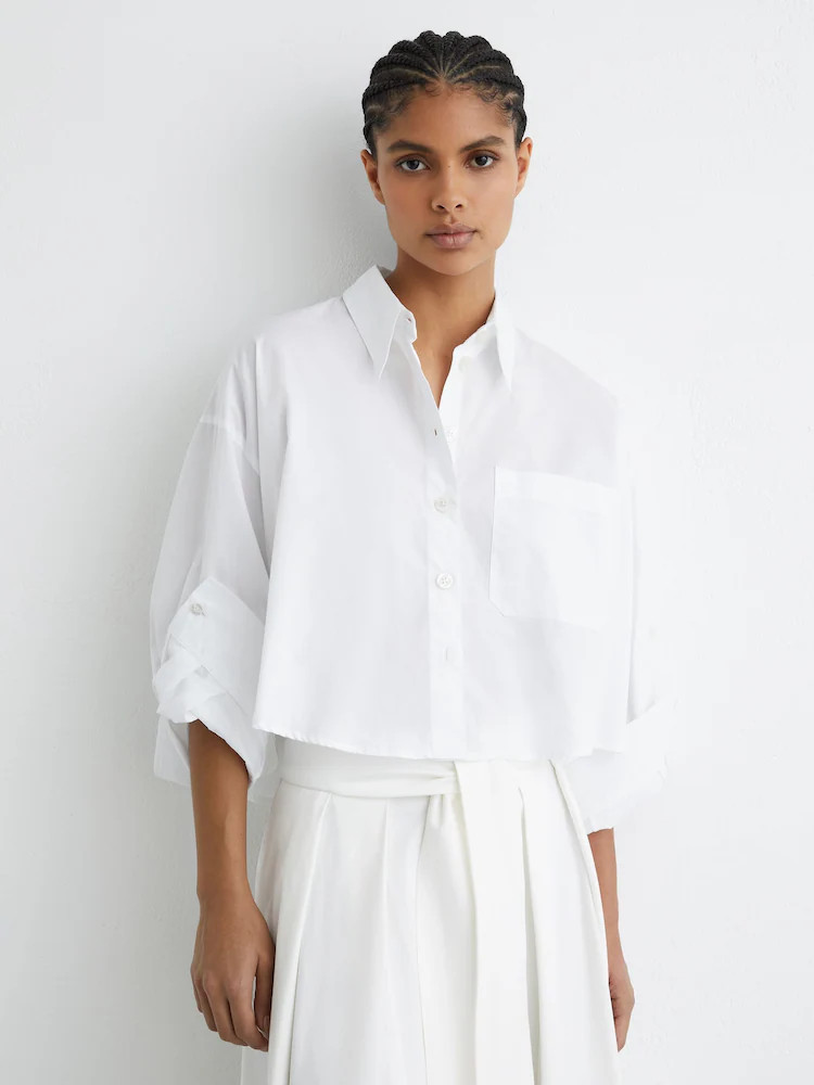 Reiss White Solenge Cotton Cropped Long-Sleeve Shirt | Next US