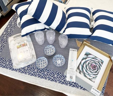 At Home shopping trip for outdoor pillows, acrylic outdoor glasses, blue and white bowls, cutting boards, gold picture frame, outdoor porch rug #homedecor #decorating #outdoor #kitchen 

#LTKSeasonal #LTKsalealert #LTKhome