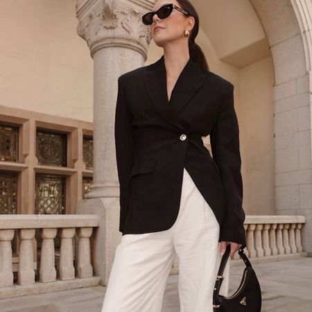 H&M Studio black fitted jacket, MaxMara cream wide leg trousers, Prada ReNylon Arque bag, YSL cat eye sunglasses, Anisa Sojka gold vintage style earrings, chic style, workwear, office ootd

#LTKworkwear #LTKstyletip #LTKfindsunder100