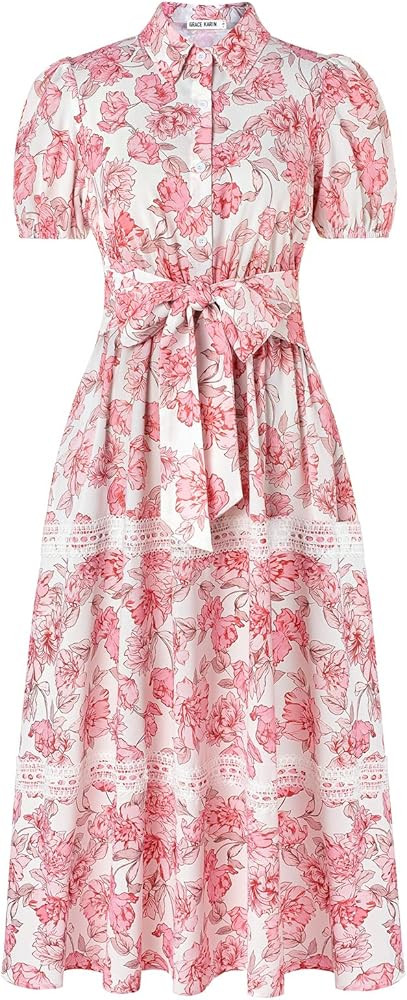 GRACE KARIN Women's 2026 Summer Floral Flowy Dresses Boho Tie Belt Short Puff Sleeve A Line Maxi ... | Amazon (US)